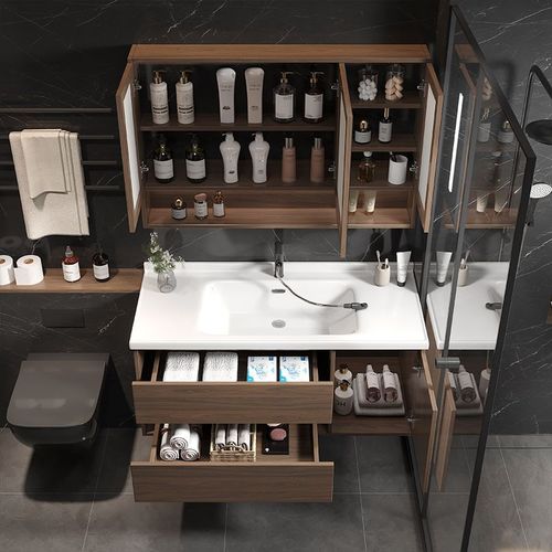 New Chinese-style bathroom cabinet and sink combo, walnut color ceramic integrated sink, one-piece Chinese-style toilet bathroom cabinet
