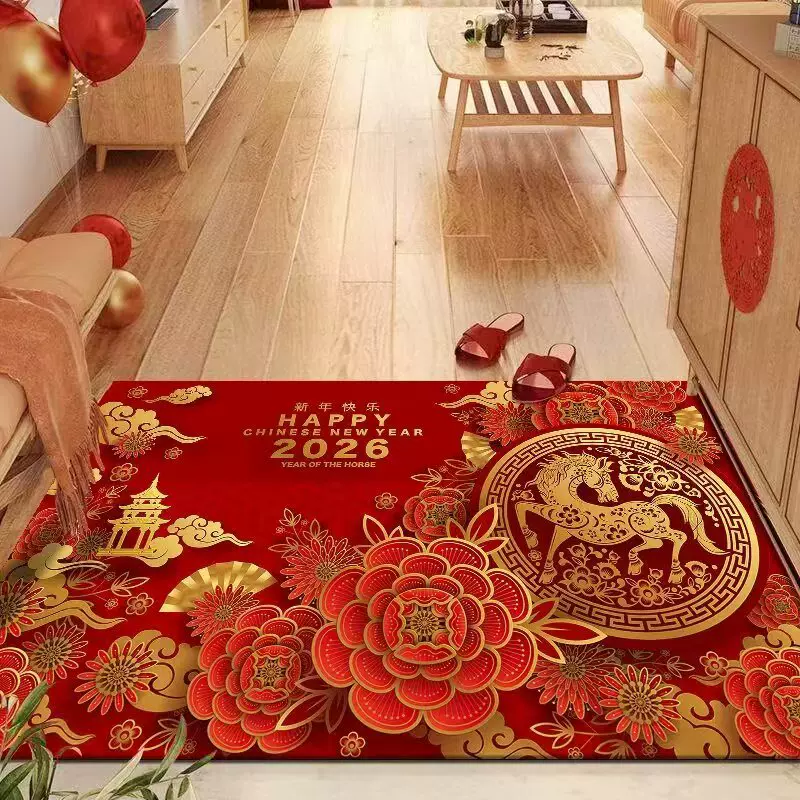 2026新款中式新年快乐水晶绒地垫防滑耐脏易打理马年大吉入户门垫