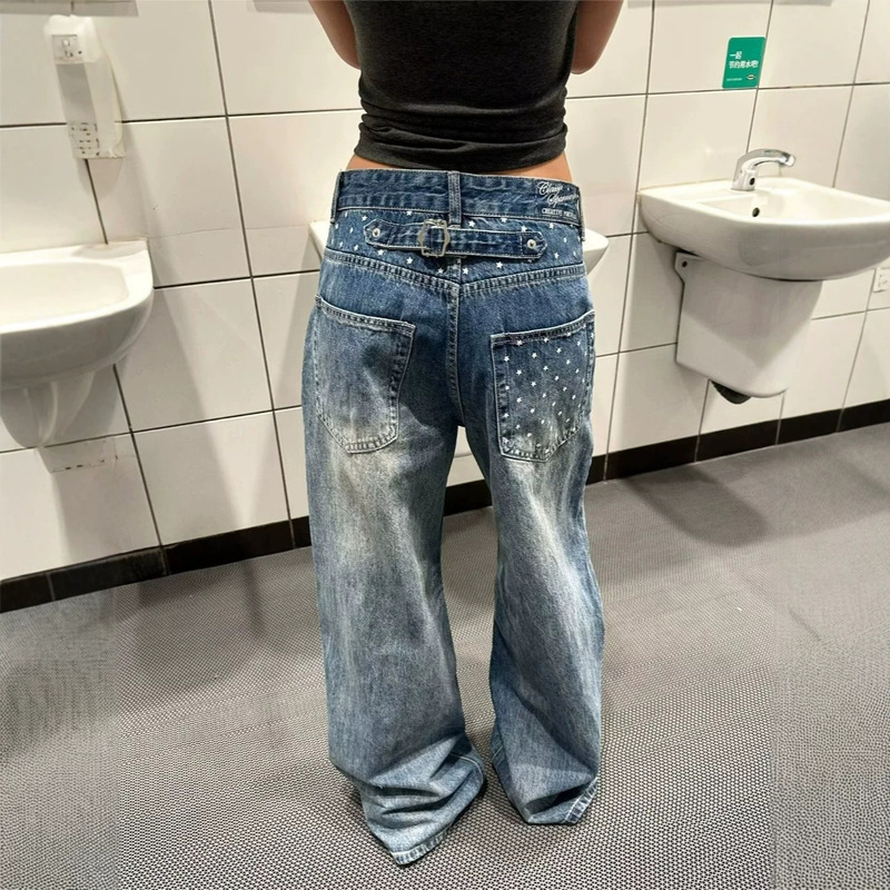 Spring New Style American-Style Washed Rivet Jeans for Women, Low-Waist Design, High-Waisted Loose Straight-Leg Wide-Leg Floor-Length Pants Spring New Style American-Style Washed Rivet Jeans for Women, Low-Waist Design, High-Waisted Loose Straight-Leg Wide-Leg Floor-Length Pants