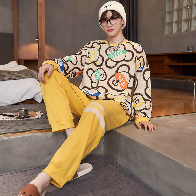 Men's Pajamas Cotton Spring and Autum Long-Sleeved Cartoon Wearable Teenagers and High School Students Plus Size Home Clothes Set