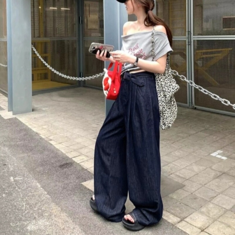 Im to 1 jennie style retro low waist pleated wide belt straight jeans women's floor pants