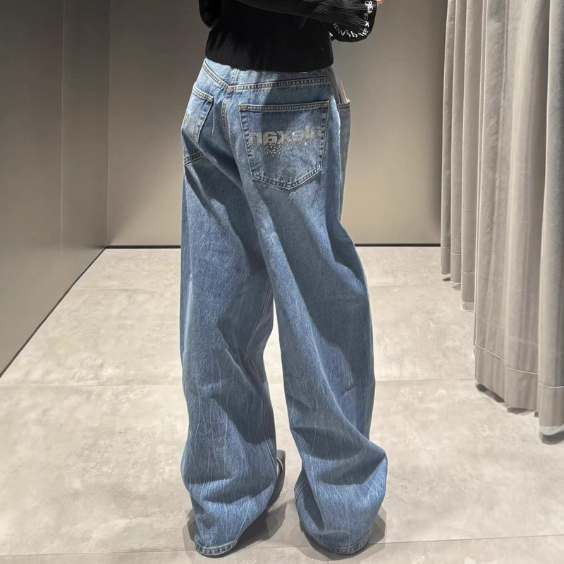 High-End Rhinestone-Studded Women's Jeans 2025 Autumn and Winter American Style Loose Scimitar Pants Retro Straight Long Pants