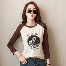 2024春季新款撞色圆领印花长袖T恤女士打底衫淘宝拼多多货源代发