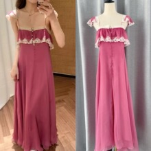 现货/26早春新品 法式度假风吊带连衣裙甜美纯欲蕾丝花边长裙