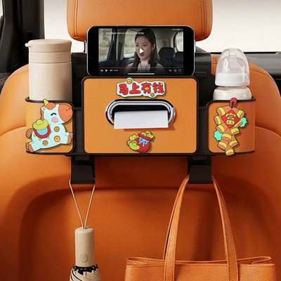 Car seat tissue box, rear Car cup holder/beverage holder - money-in-no-time-4-in-1-seat-storage-box-4th-generation-orange