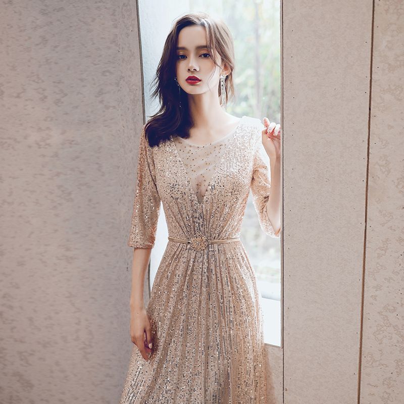 Vestido de Noche Elegante con Lentejuelas, Cuello Redondo y Manga Media, Estilo Europeo y Americano, para Comercio Exterior en Amazon y AliExpress
