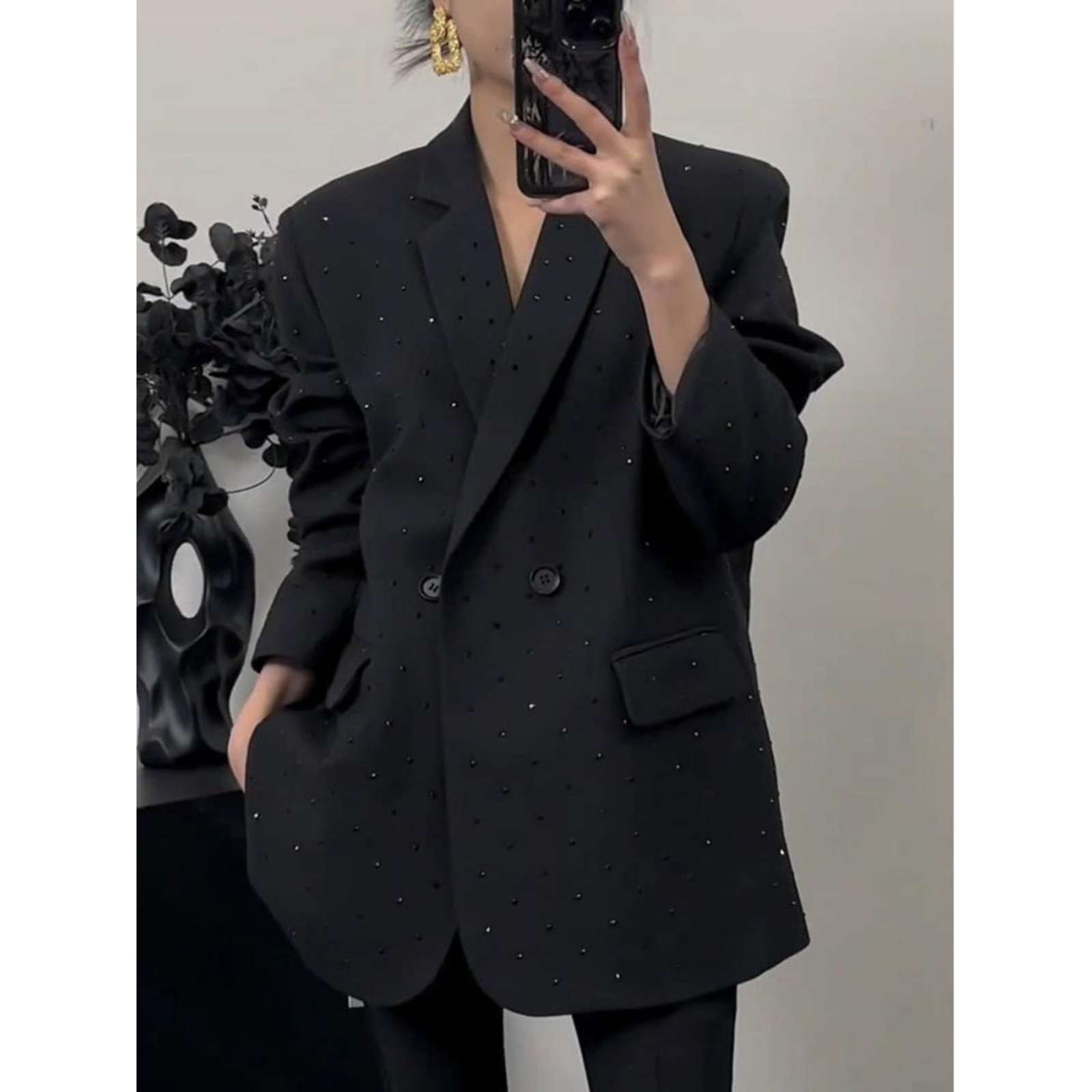 Diamond-encrusted Suit Jacket Women's Heavy Industry High-grade 2024 New Wide Edition Mid-length Shiny Black Small Suit Top