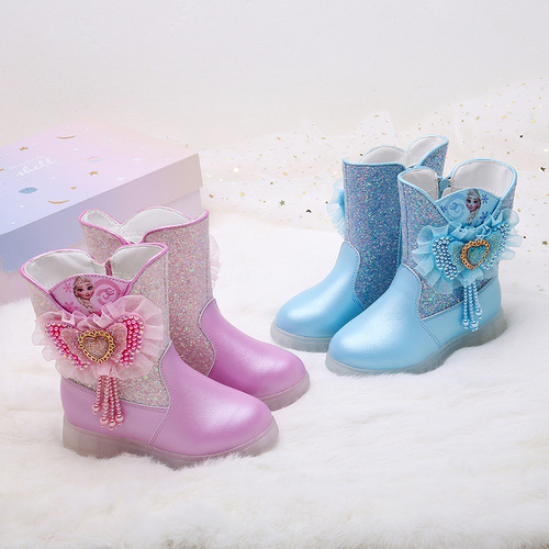 Children's Leather Boots Pink Barbie Princess Girls' Sparkling Bowknot Beaded Warm High-Cuffed Cotton Boots Direct Manufacturer Supply