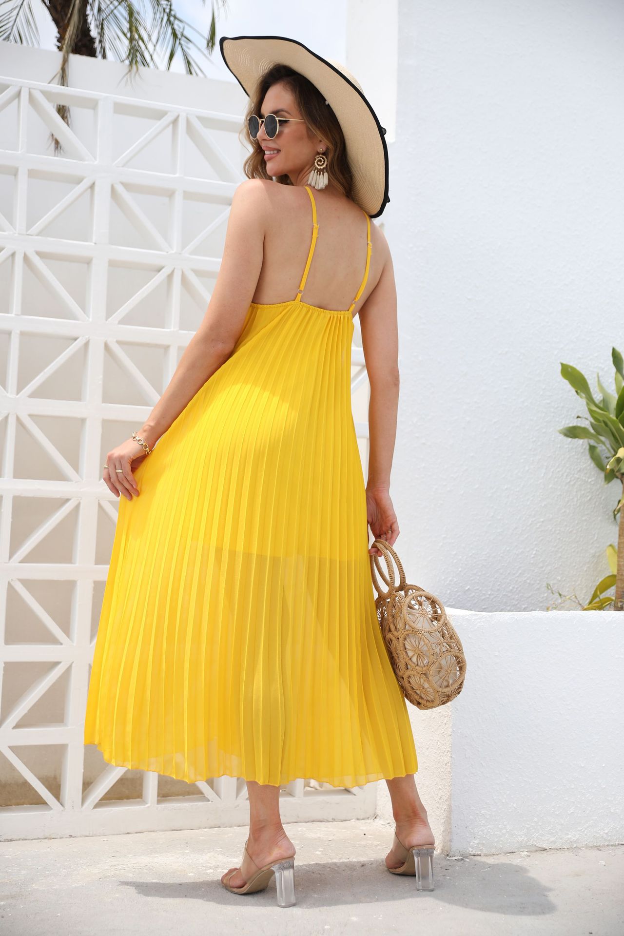 Primavera y verano, Europa y América, comercio exterior, nueva ropa de mujer, deseo Amazon, nuevos productos sin mangas, vestido de cuello, ropa de playa