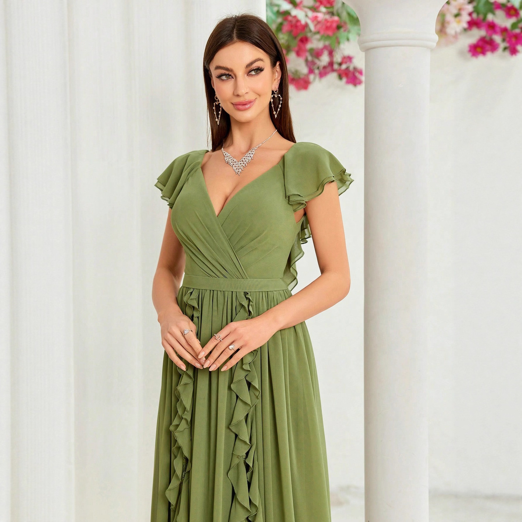 Francia temperamento vestido largo 2026 verano nuevo V-collar pleated borde cintura temperamento vestido vestido para adultos