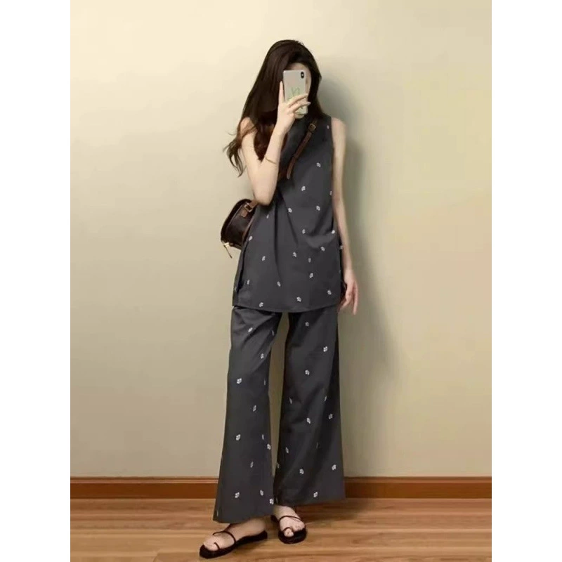 Женский костюм-жилет в стиле дзен с пряжкой, лето 2025, новый китайский стиль, прямые брюки серого цвета, полный комплект