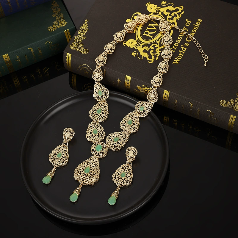 Golden necklace and earrings, Arabic set, metal jewelry