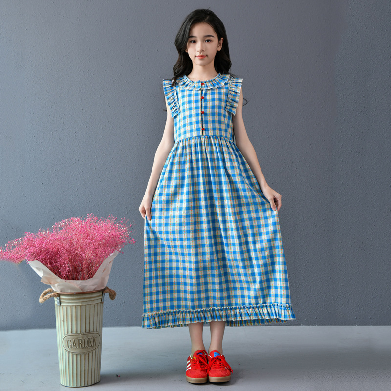 Real shot spot 2025 niñas a cuadros estilo coreano dulce vestido de algodón con mangas voladoras cuello redondo falda larga a cuadros azules