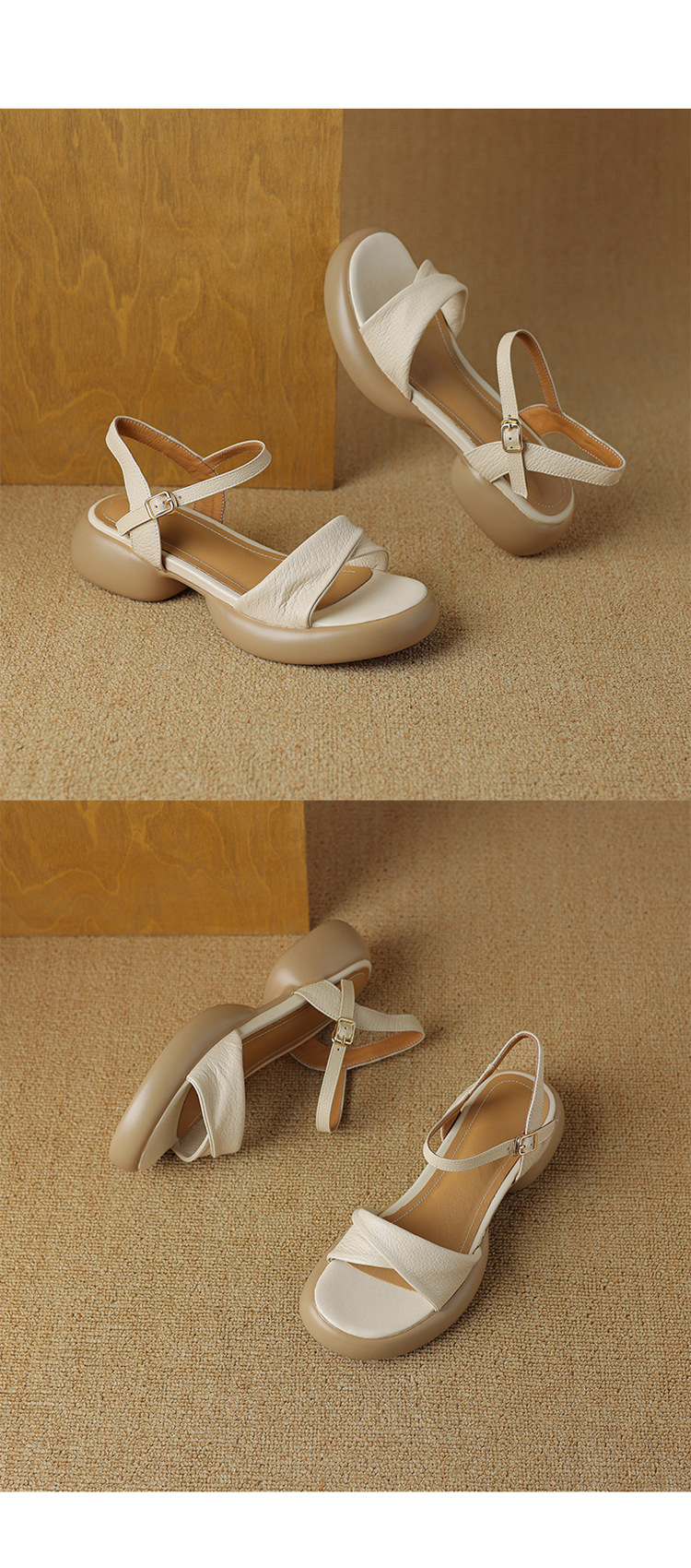 Sandal nữ da cừu đế dày gót thô hở ngón quai ngang phong cách La Mã — Màu trắng be chi tiết 12