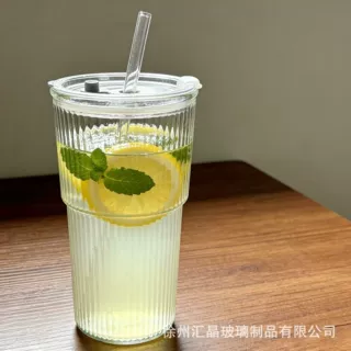 代发包邮竖纹玻璃杯ins风高颜值杯子带盖子吸管杯大号冷饮咖啡杯