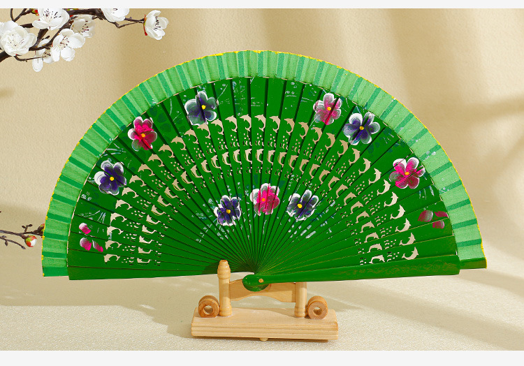 Abanico plegable español de madera pintado por ambos lados, apertura y cierre suaves, abanico plegable hueco clásico para danza cheongsam de Anita