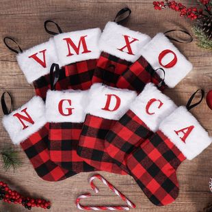 Cross-border new Christmas socks gift bag red and black plaid letter embroidery small socks pendant candy bag decorations
