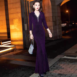 妈妈婚宴晚礼服2026新款紫色长袖喜婆婆婚宴鱼尾年会主持裙女春春