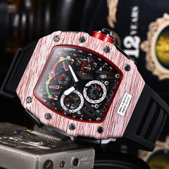 廠家供應  六針多功能鏤空木紋酒桶形時尚商務男士手錶