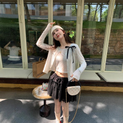 le rouge周美美 玫瑰少女朦胧柔美蕾丝结背心圆领开衫两件套