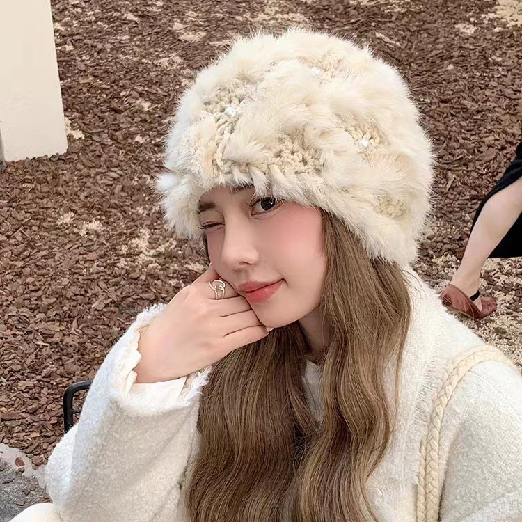 Gorro tejido de pelo de conejo grueso mejorado para mujer, Protector de orejas de piel hecho a mano, bola de lana de moda bonita_voghion.com