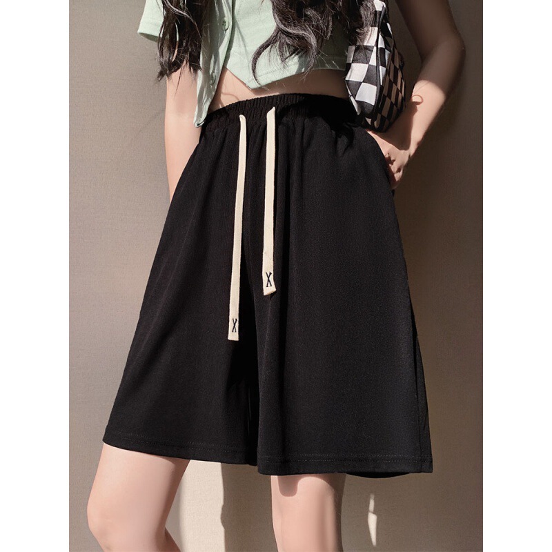 Ice Silk sports shorts women's summer thin high waist slimming chubby girl plus size casual middle pants running wide leg shorts