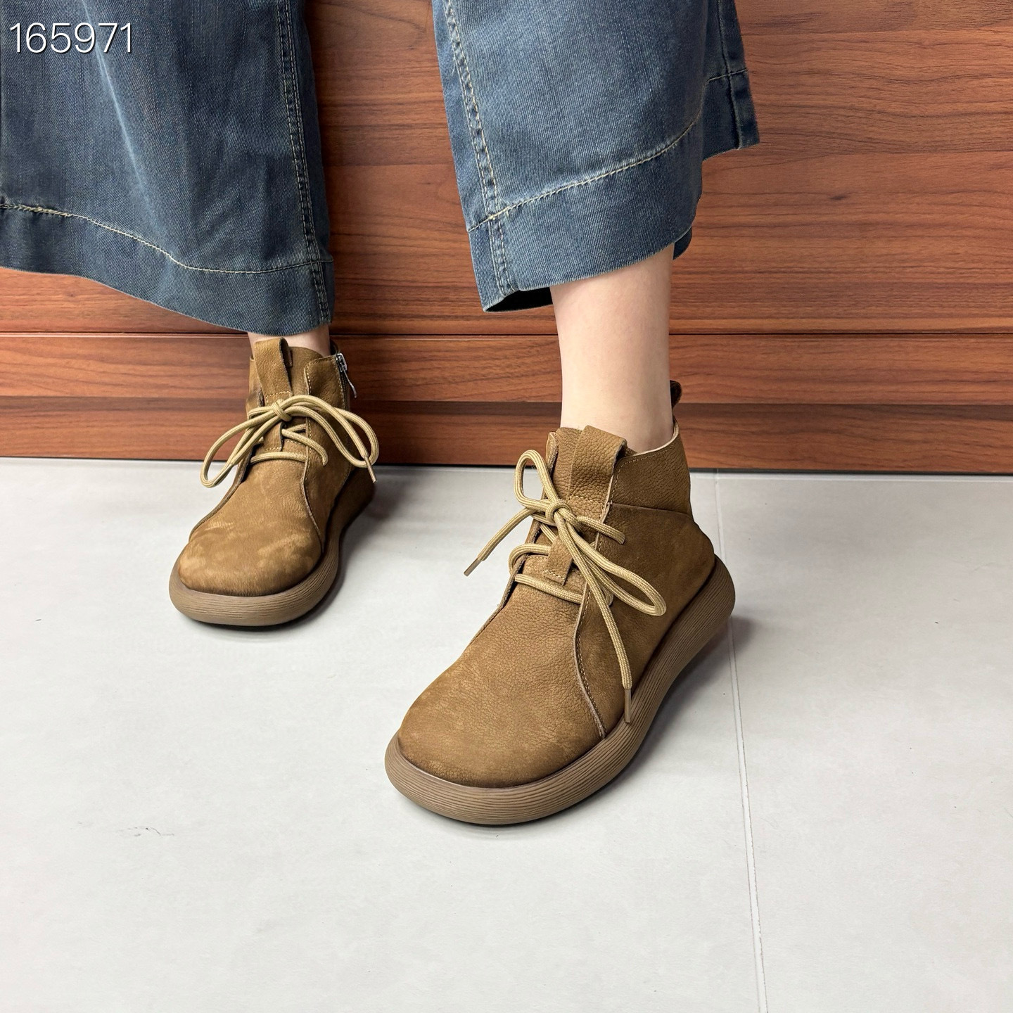 Boot nữ da thật cổ cao mũi tròn dây kéo bên lót nhung ấm — Màu xám chi tiết 2