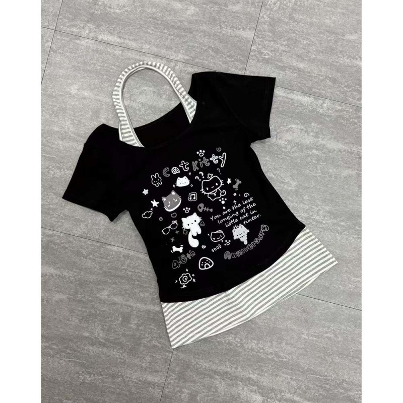 かわいいデザインニッチストライプホルターネックかわいい猫半袖Tシャツレディース夏ホームスタイルスリムフィットショートトップ|undefined