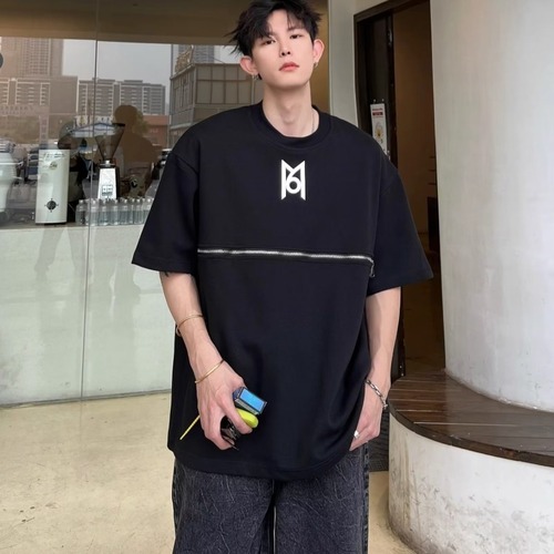 Trendy Short-Sleeve Men's Metal Shoulder Pad T-Shirt with Zipper Design, Advanced Sense of Style, Loose Five-Sleeve Top