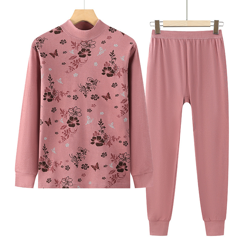 Women's thermal underwear set for middle-aged and elderly women, made of pure cotton, high-neck, thin cotton sweater.