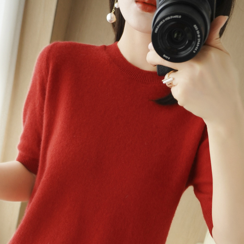 Short sleeve half sleeve loose curling knitted straight T-shirt top spring and summer women's bottoming shirt 2022 new half sleeve