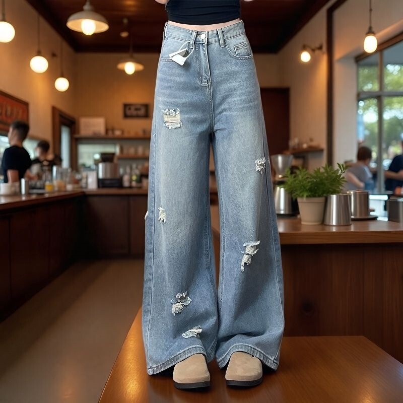 Petite American Retro Ripped Jeans for Women, High-Waisted, New Spring/Autumn Style, Loose Fit, Slimming, Straight Wide-Leg, Floor-Length Pants