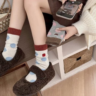 日系波点可爱卡通中筒袜秋冬季温暖羊毛袜加厚保暖睡眠袜子女厚款