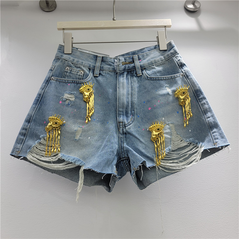 Shorts de Mezclilla Desgastados de Poliéster con Flecos Metálicos para Verano