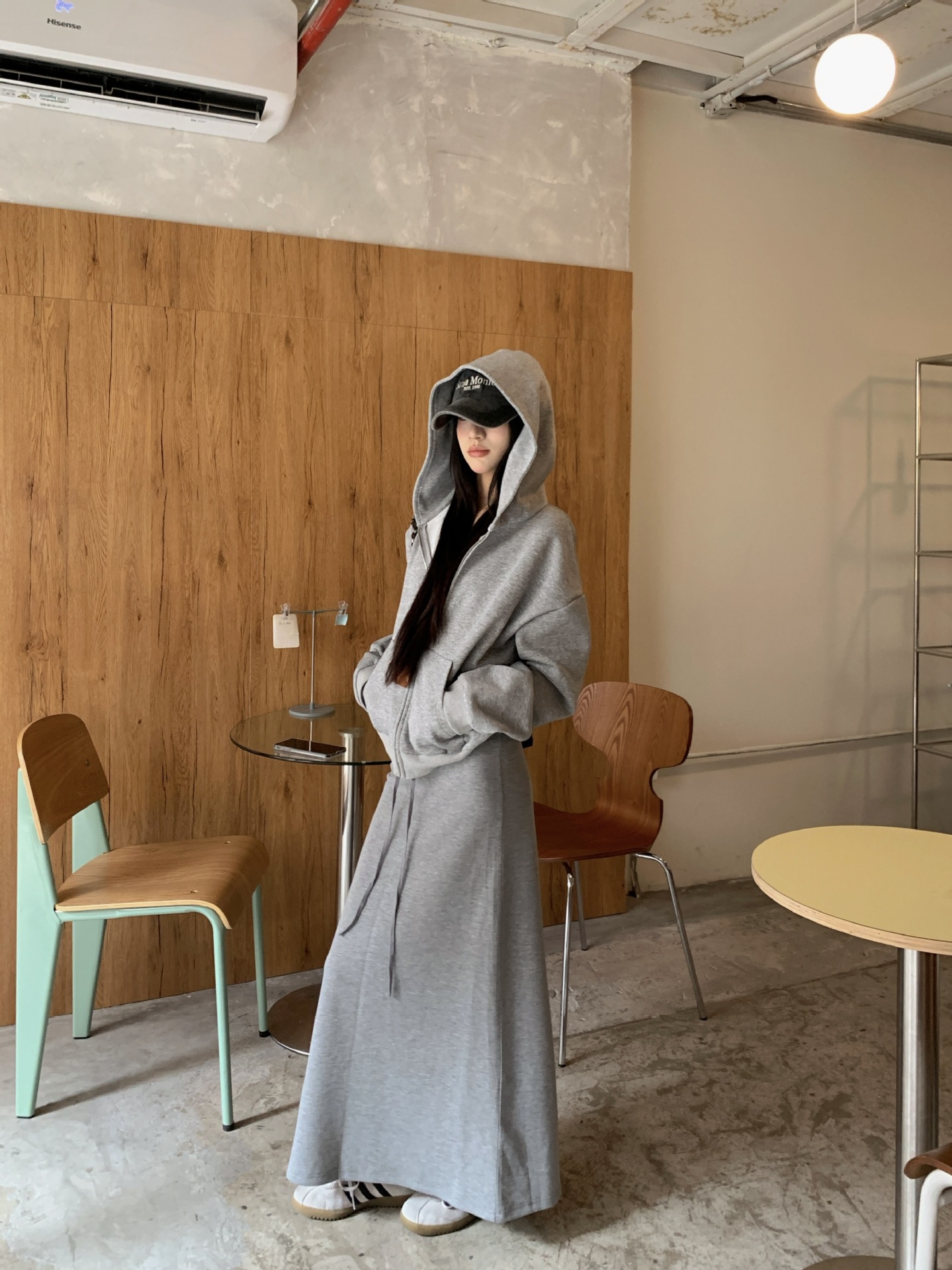 休闲套装灰色花边斜肩长袖卫衣女春季高腰半身裙A字裙卫裙两件套