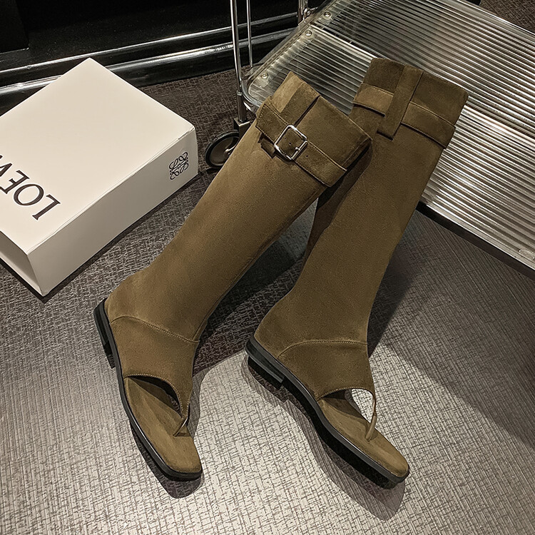 Boot nữ cổ cao ôm bắp chân da thật phong cách miền Tây — mơ, nâu chi tiết 36