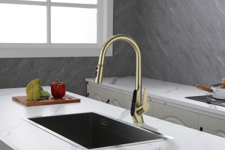 Konishi hydroelectric power digital display kitchen faucet pull-out sink faucet with brushed gold color undefined