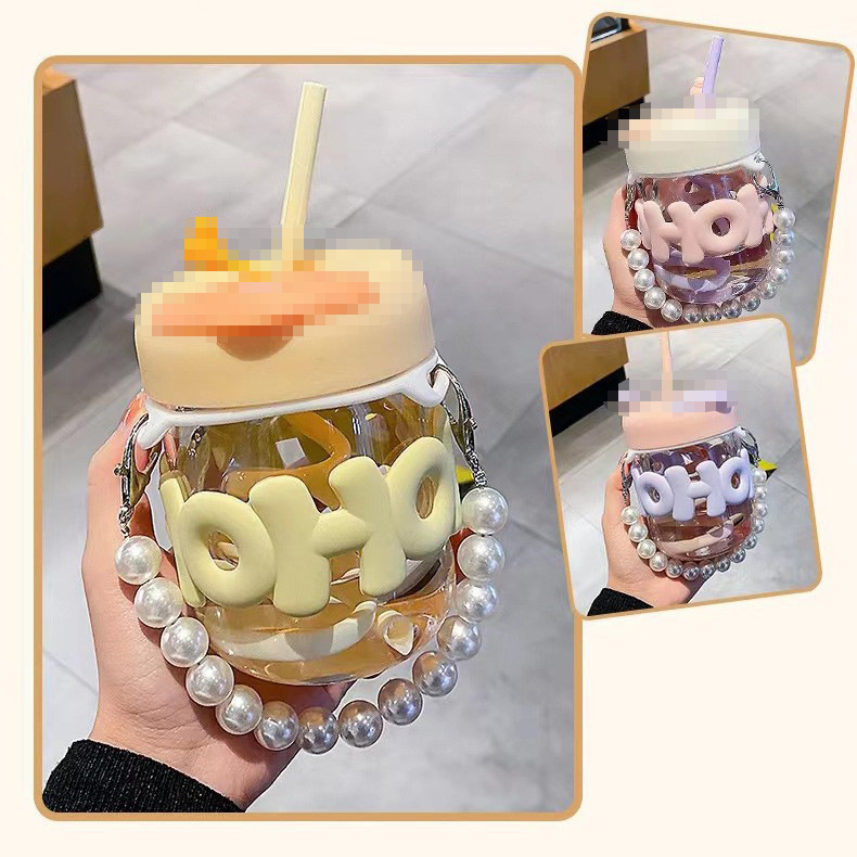 创意吸管杯隔热防烫字母双饮杯透明珍珠手链办公室家用玻璃水杯子|undefined