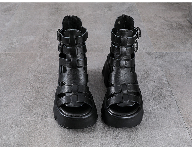 Sandal da bò cao gót nữ hở mũi quai La Mã đế tăng chiều cao — màu đen chi tiết 11