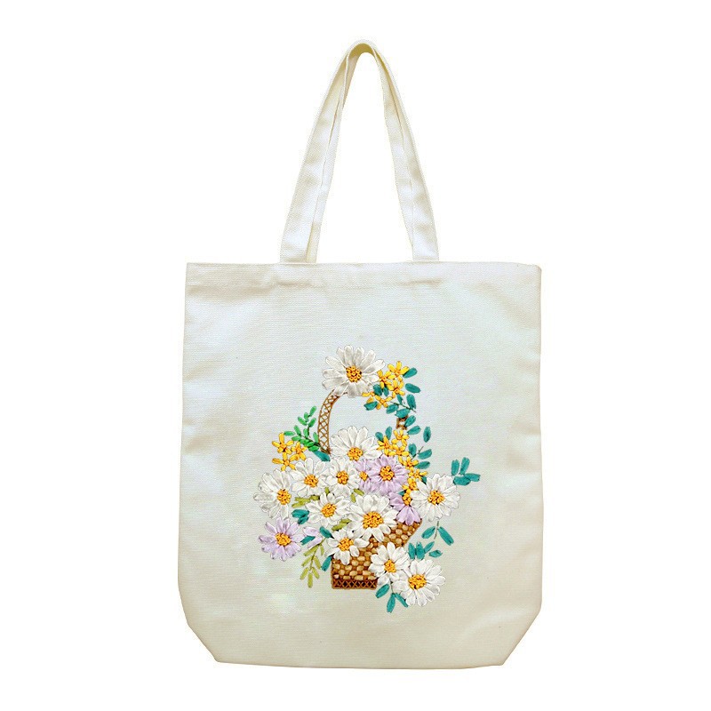 Hecho a mano DIY cinta bordada bolsa de lona Lu bordado solo hombro bolso tridimensional bordado flor lienzo mujer bolsa grande