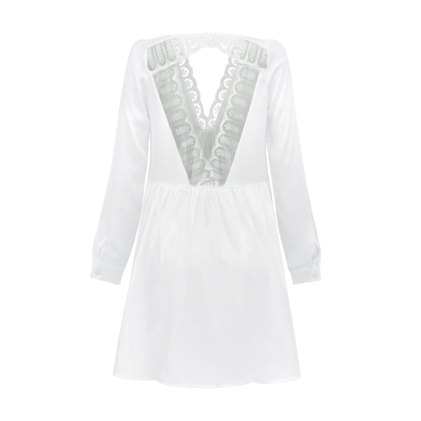 Lace Trim V-Neck Long-Sleeved Hollow Dress NSMDF104627