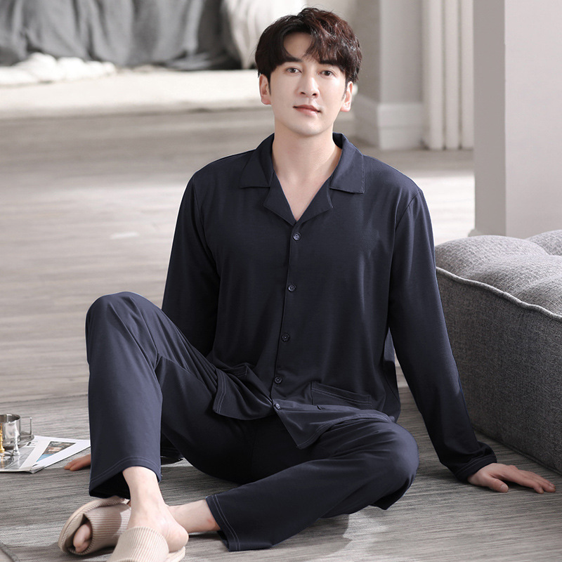 (2개) 야마 잠옷 봄과 가을 중년 및 노인 아빠 잠옷 가디건 라펠 남성 노인 느슨한 단색 가정복