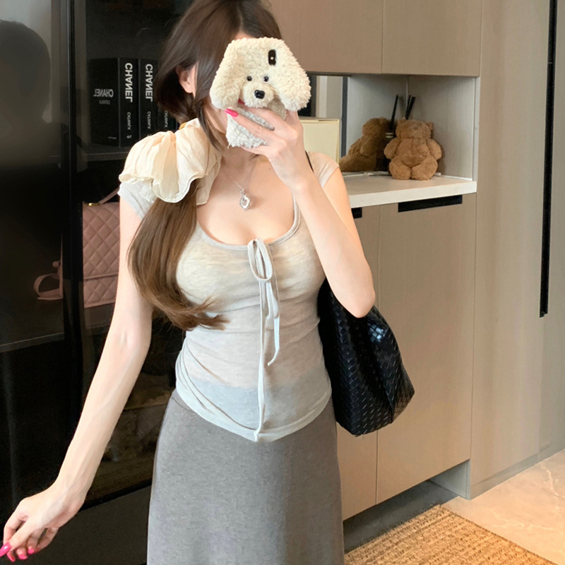 美式低U领系带短袖t恤女夏季2025新款纯欲chic超好看修身掐腰上衣|undefined
