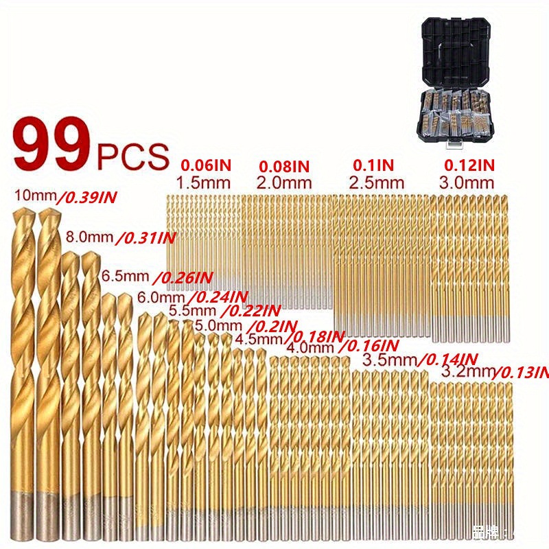 99件套镀钛麻花钻工开孔器盒装99件套镀钛直柄麻花钻头套装