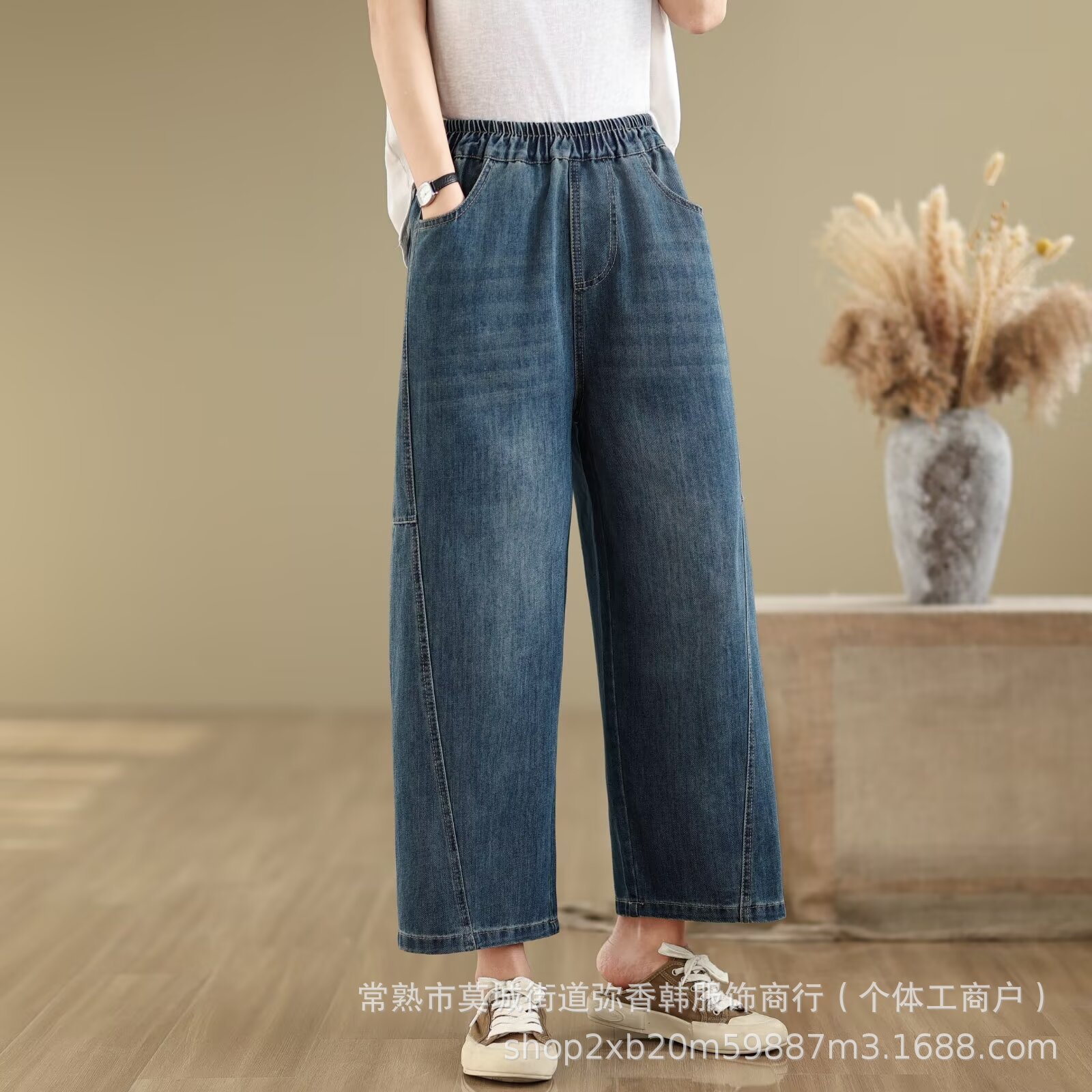 New Loose plus size Ripped Jeans Women's Straight Pants High Waist Casual Slim Look Wide Leg Pants Women's Cropped Pants