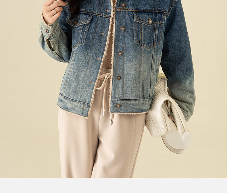 Áo khoác ngắn nữ denim phối màu giả lông cừu, dày dặn giữ ấm — Chuyển dần xanh lam chi tiết 4