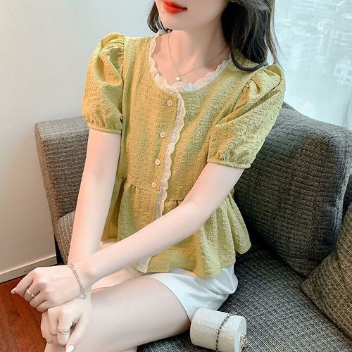 French-style, belly-baring women's summer skirt top, slimming, stylish, 2025 new arrival short-sleeve chiffon blouse