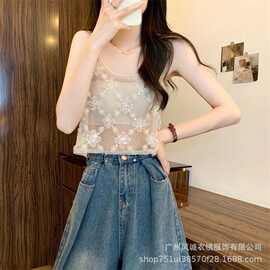 辣妹重工亮片网纱无袖吊带背心女夏季新款甜美蕾丝拼接短款上衣服