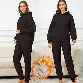 女装美码套装 冬季保暖卫衣 羊羔绒连帽卫衣加绒加厚连帽套头上衣