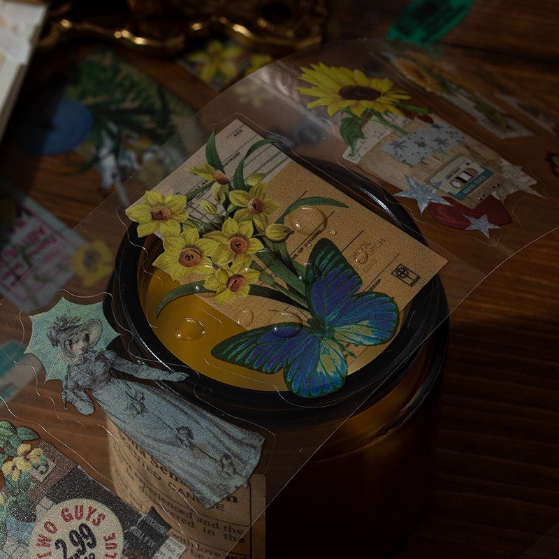Wanfang Hua Nian pegatinas impermeables transparentes para mascotas diy diario de mano material decorativo retro flor pegatinas de plantas